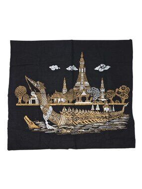 Vintage Thai Silk Scarf Panel Gold Temple Boat Scene Black 20x18
